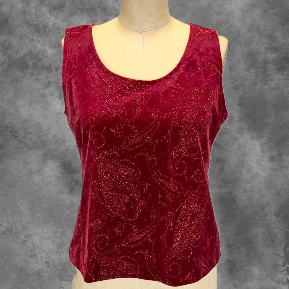 VINTAGE 80s velvet sparkle tank top sleeveless bandana paisley dressy bling red‎